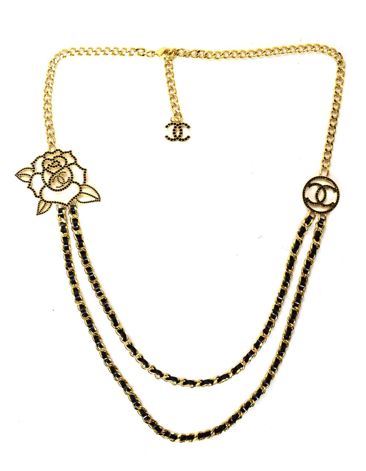 Chanel 2017 Black/Gold Leather Laced Necklace W/ Crystal CC & Camellia In Excellent Condition In New York, NY