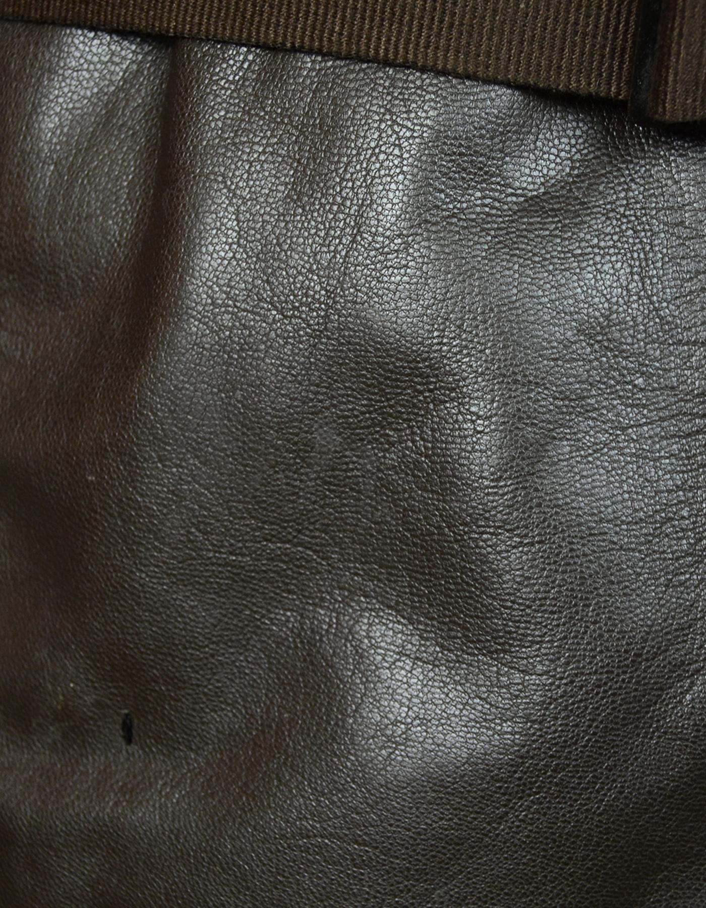 Women's Prada Brown Leather Jacket W/ Collar & Asymmetrical Snap Front Sz 44