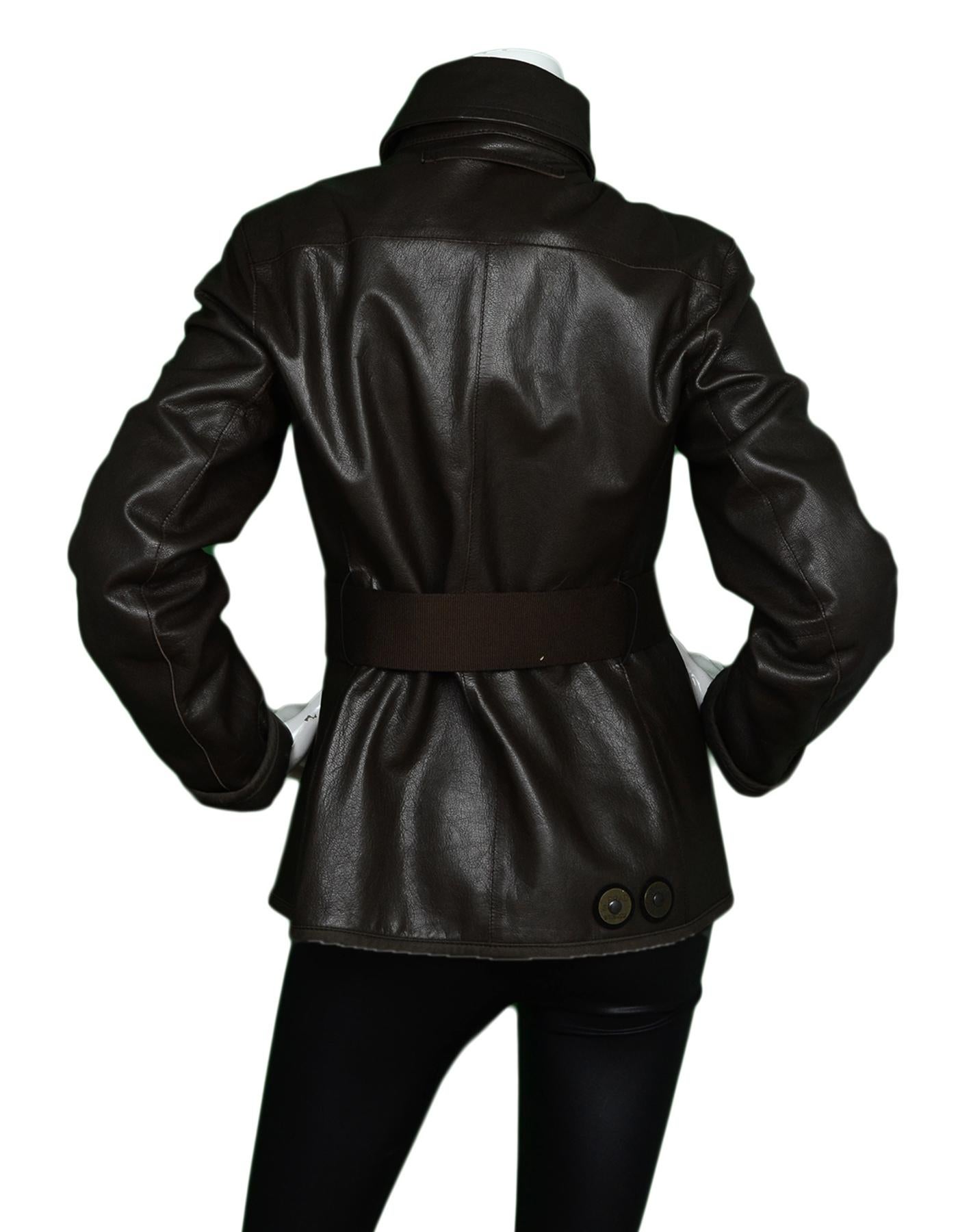 Black Prada Brown Leather Jacket W/ Collar & Asymmetrical Snap Front Sz 44