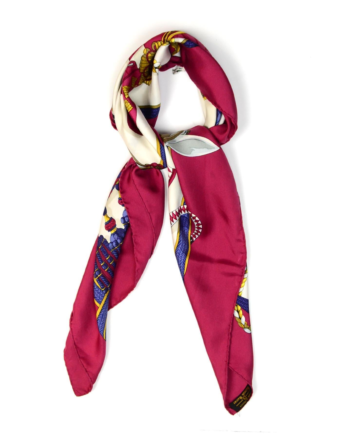 Hermes Burgundy Frontaux Et Cocardes Horse 90cm Silk Scarf

Made In:  France
Color: Burgundy and printed
Materials: 100% silk
Overall Condition: Good pre-owned condition with exception of some staining/discoloration 
Estimated Retail: $395 +