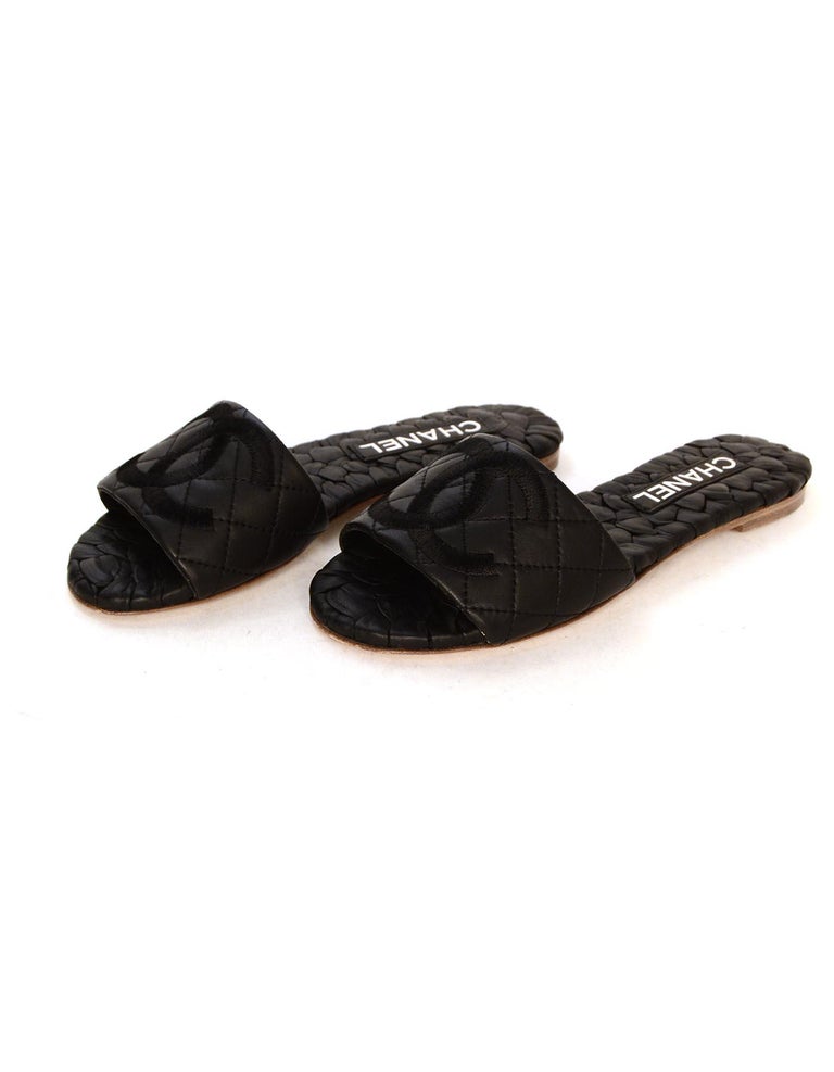 Chanel Black Leather Quilted Slipper Slide Sandals W/ Embroidered CC Sz  36.5C For Sale at 1stDibs | chanel quilted slides, chanel slippers black, black  chanel slippers