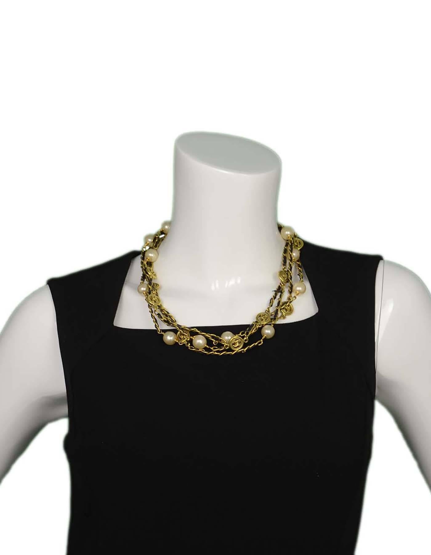 Chanel Vintage 1994 Leather Woven Gold Chain Link Necklace with Faux Pearls 3