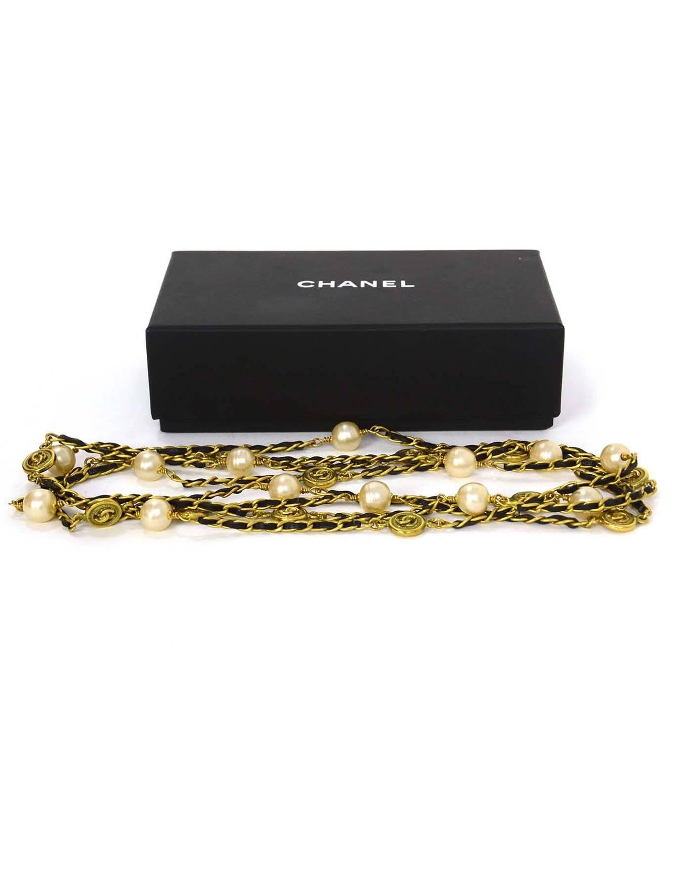 Chanel Vintage 1994 Leather Woven Gold Chain Link Necklace with Faux Pearls 2