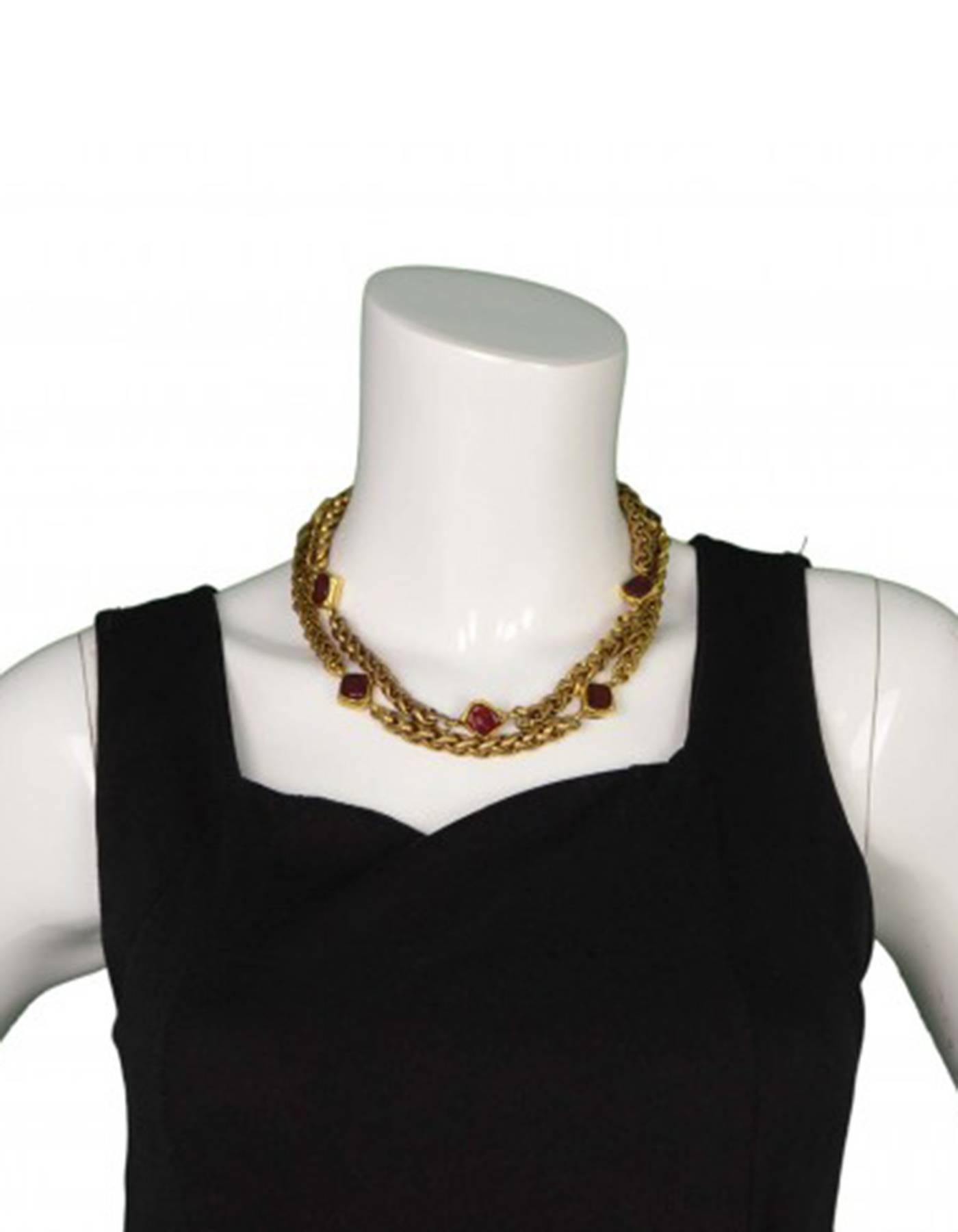 CHANEL Vintage '70s Double Chain Link & Red Gripoix Choker Necklace 2