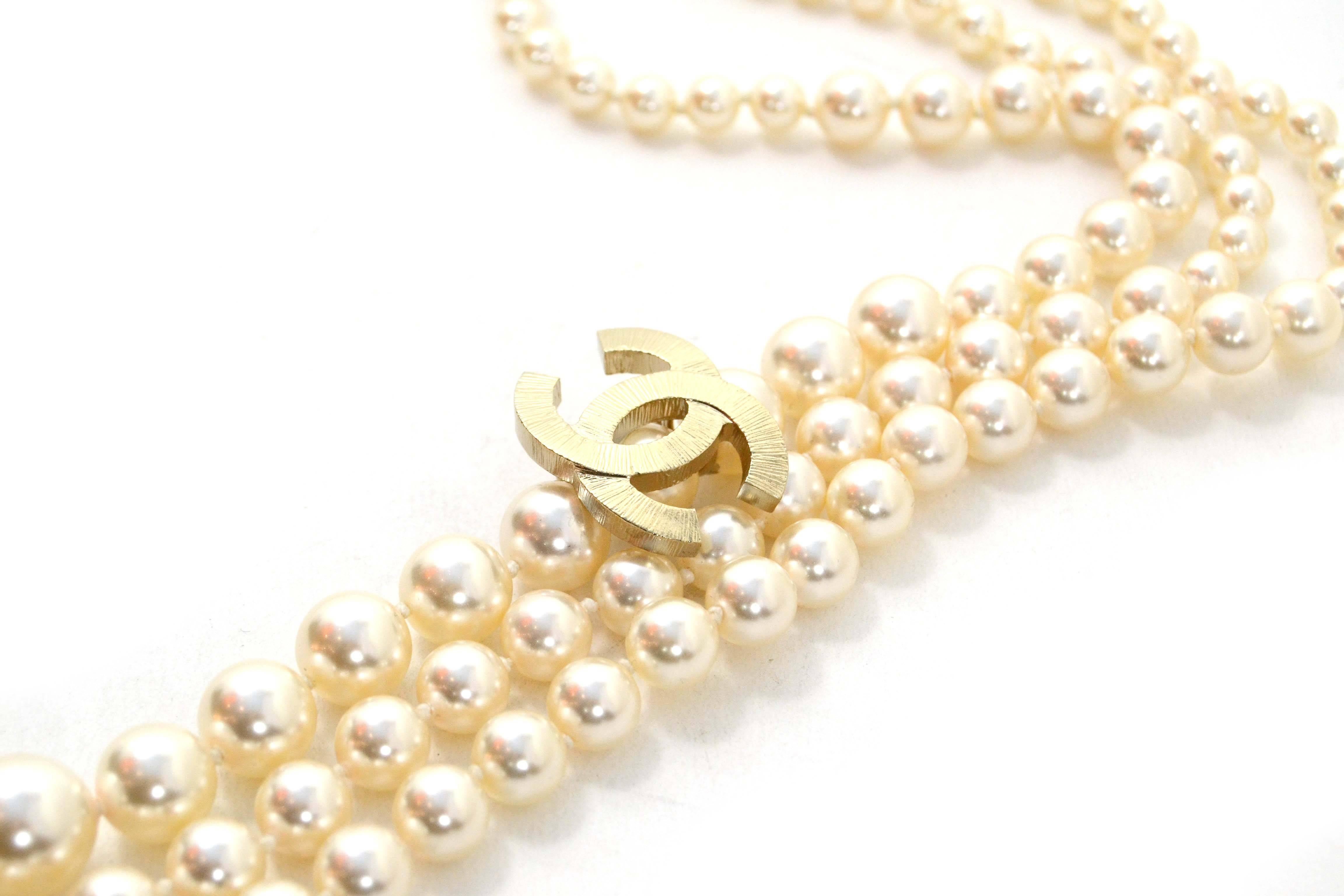 Chanel Three-Strand Graduated Pearl Necklace
Features CC pendant on front of necklace as well as at back neck closure
Made In: Italy
Year of Production: 2014
Color: Ivory
Materials: Faux pearl and metal
Closure: Lobster claw clasp
Stamp: B14