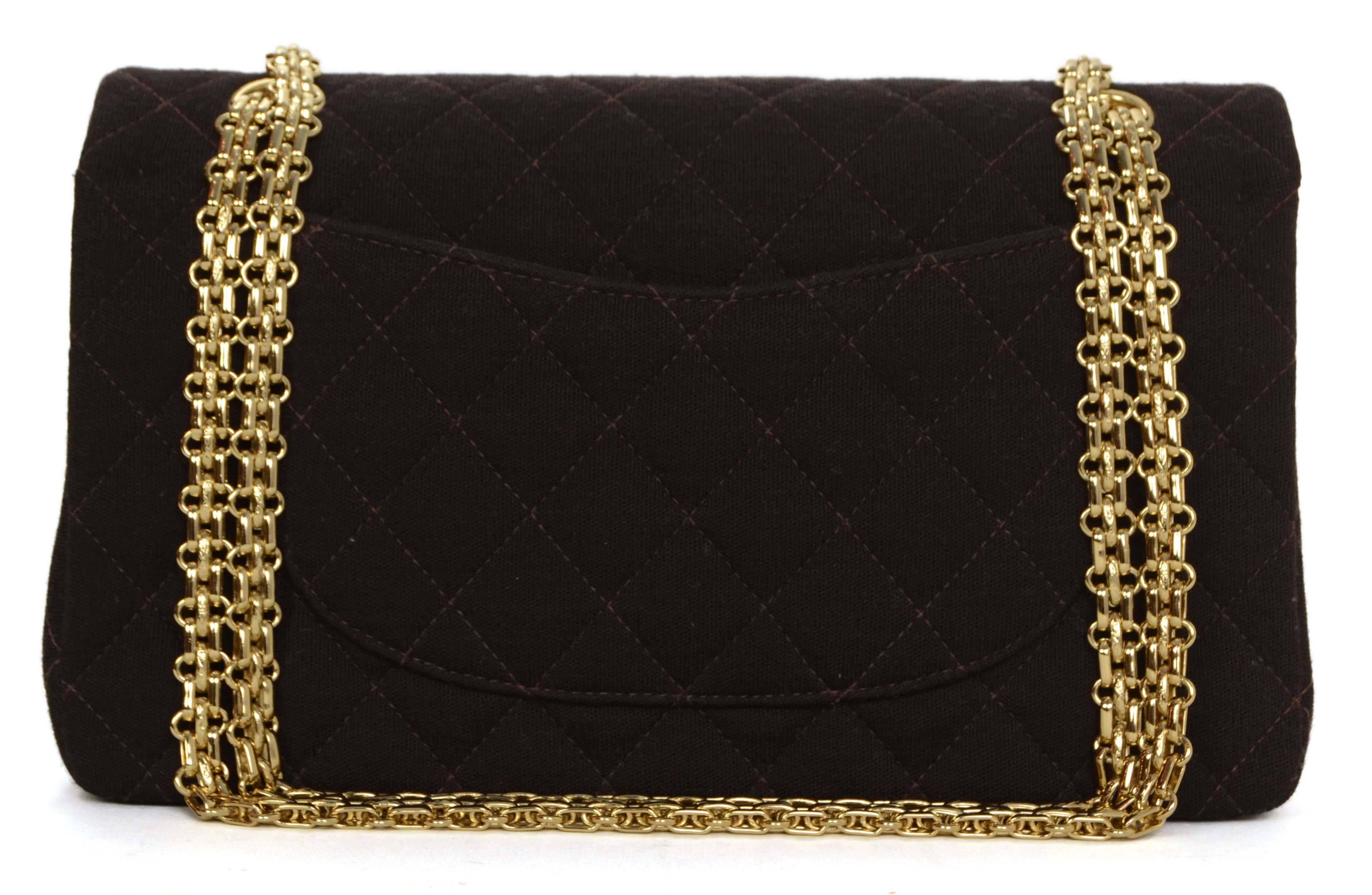 Chanel Brown Quilted Jersey Medium Classic Double Flap Bag 
Features adjustable chain link shoulder strap
Made In: France
Year of Production: 2002-2003
Color: Brown and goldtone
Hardware: Goldtone
Materials: Jersey and metal
Lining: Brown