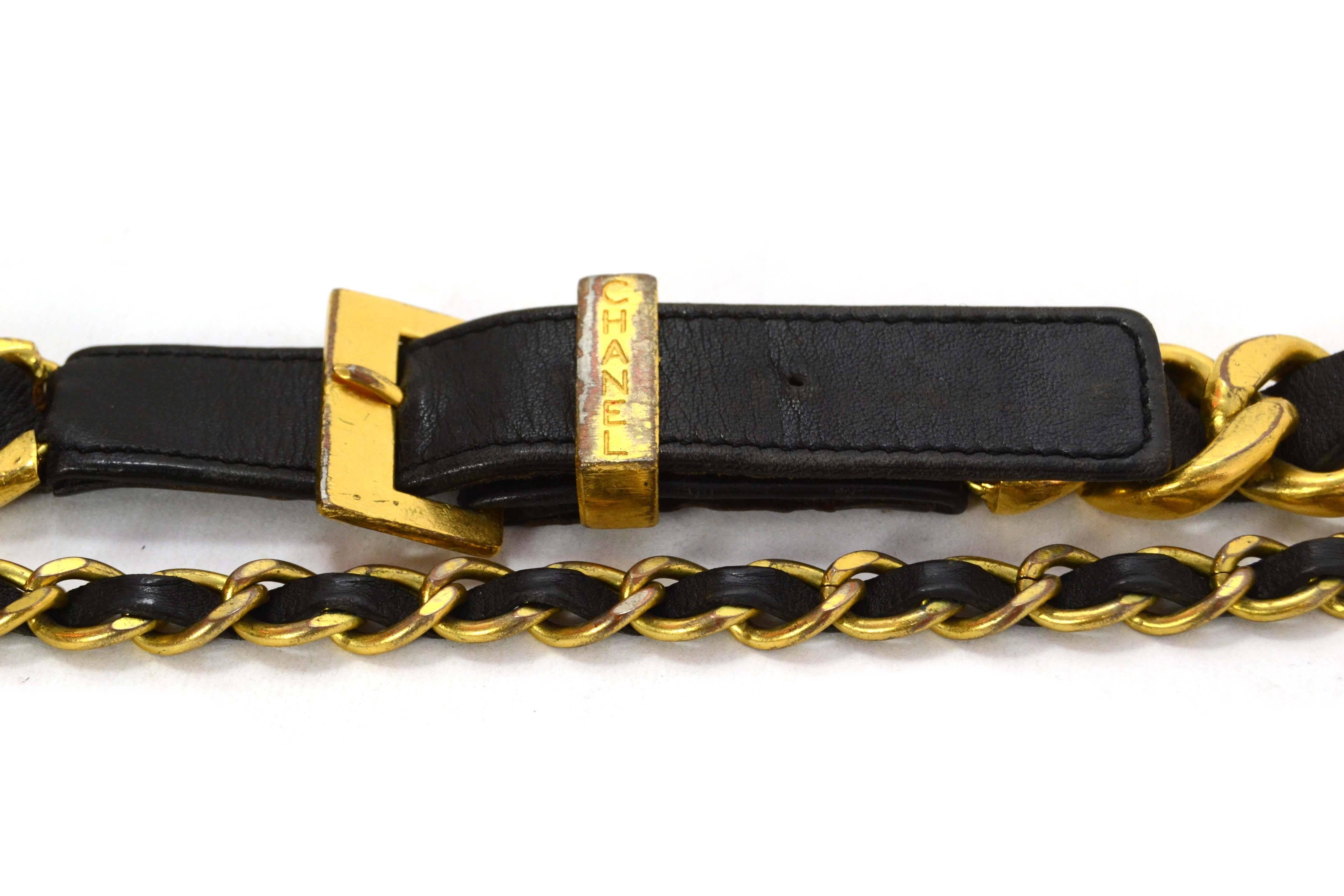 Chanel Vintage ’93 Leather Woven Chain Link Belt
Features small leather woven tier with four leaf clover charm
Made In: France
Year of Production: 1993
Color: Goldtone and black
Materials: Leather and metal
Closure: Buckle and notch closure