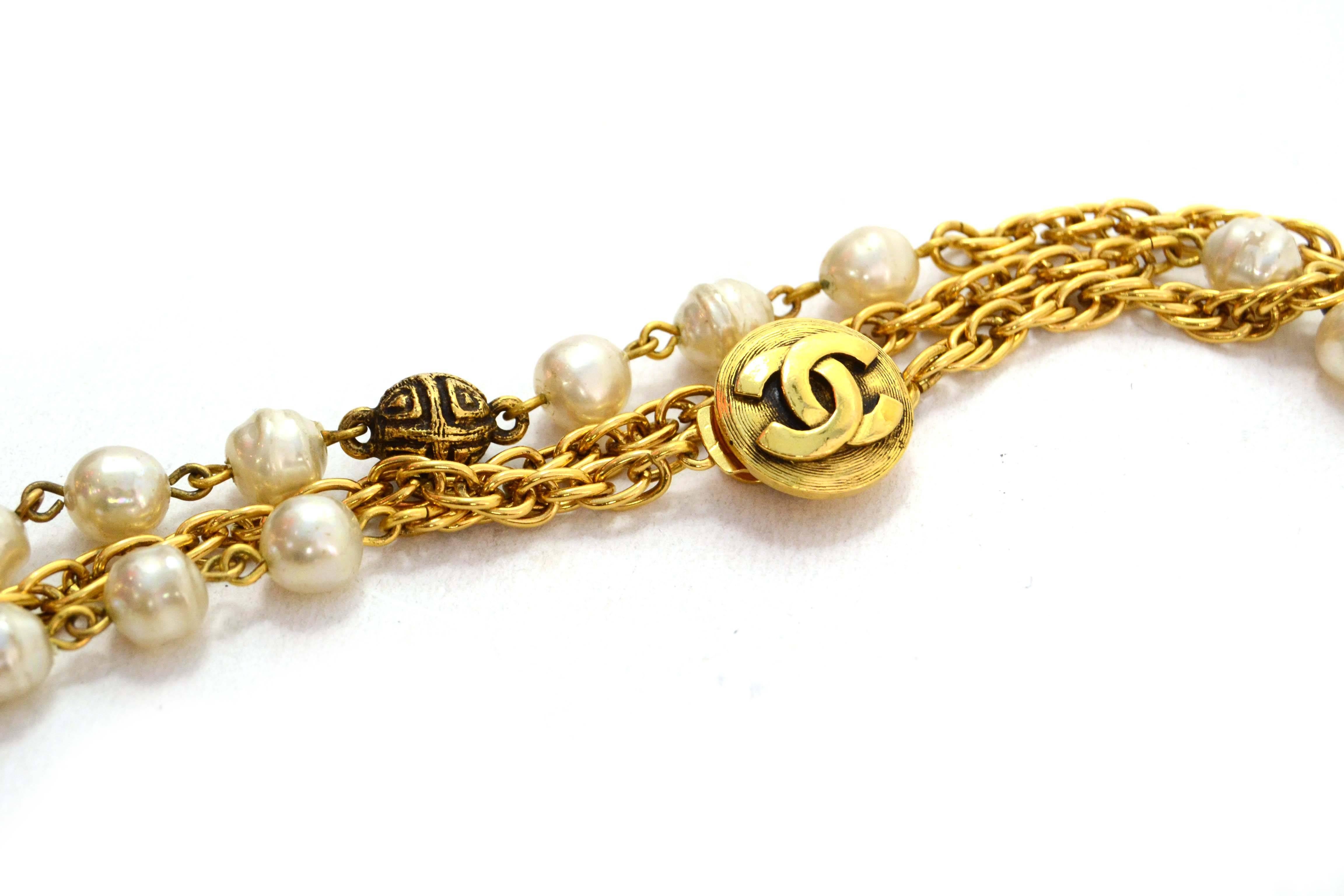 Chanel Vintage '90s Pearl & Gold Bead Long Necklace In Excellent Condition In New York, NY