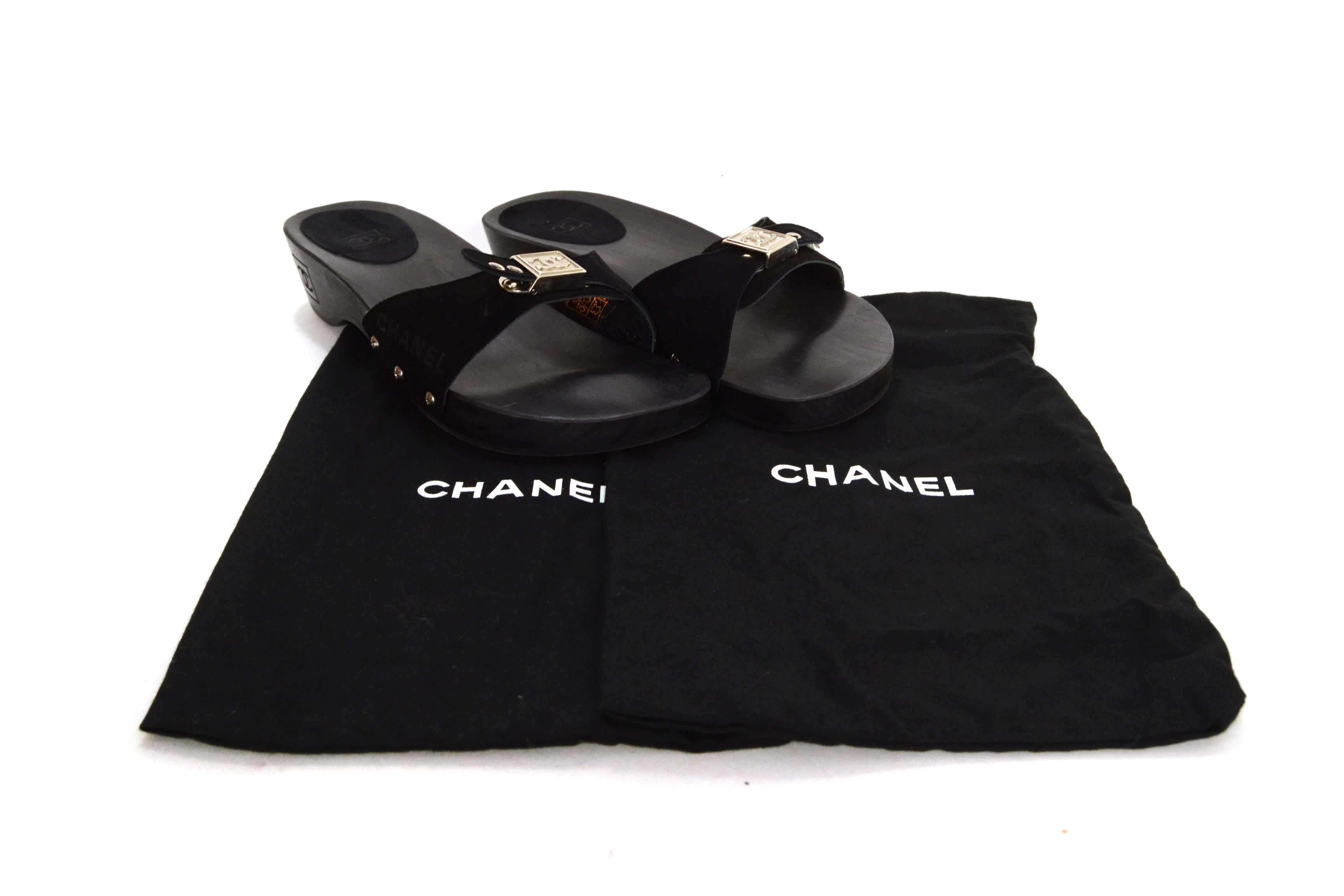 Chanel Black Suede & Wood Dr. Scholl's Open Toe Mules sz 38 1
