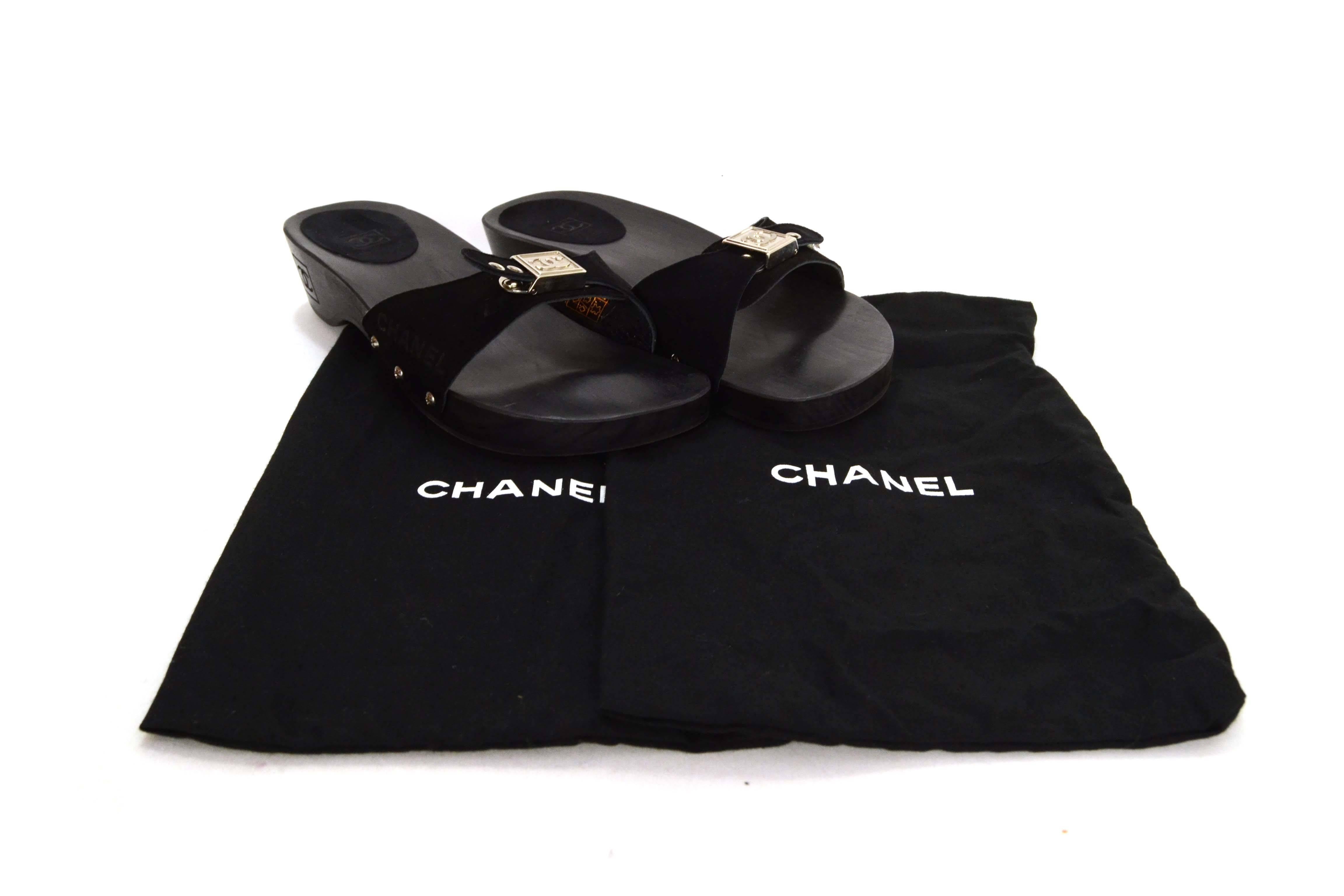 Chanel Black Suede & Wood Dr. Scholl's Open Toe Mules sz 38 2