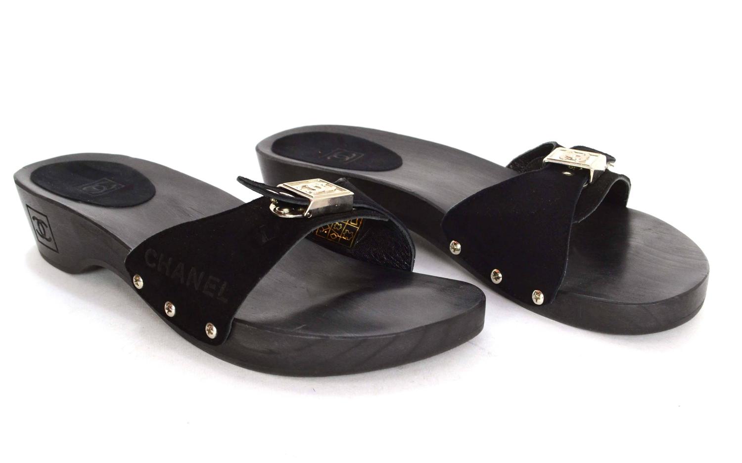 Chanel Black Suede and Wood Dr. Scholl�s Open Toe Mules sz