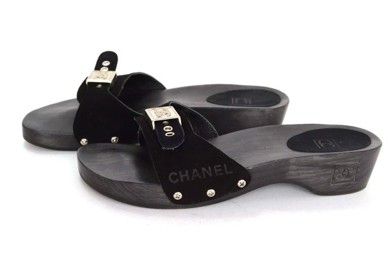 Chanel Vintage Wood Clogs 🖤 Mules Slides Sandals Black Suede Womens Sz 37