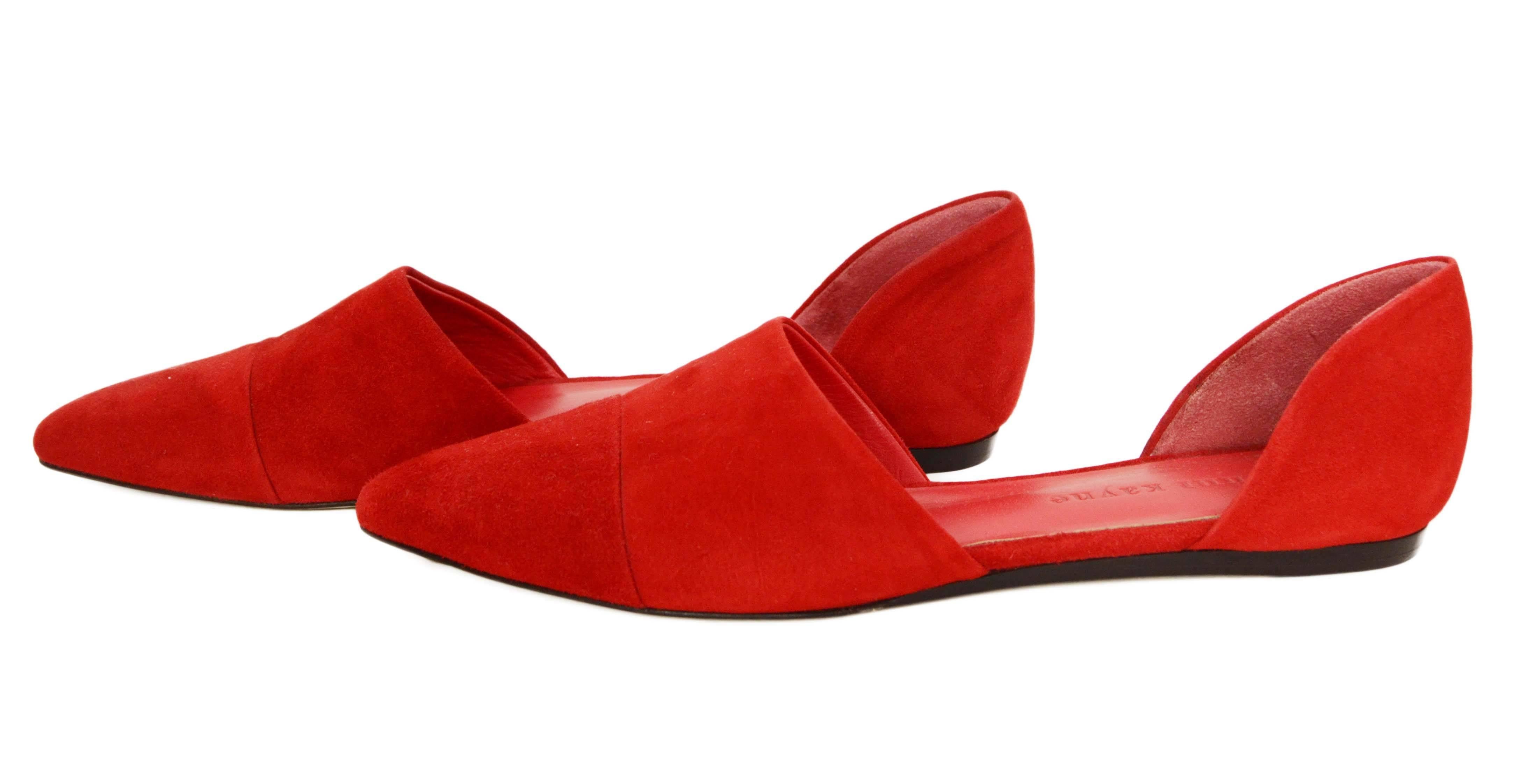 Jenni Kayne Red Suede D'Orsay Flats 
Features pointed toe
Made In: Italy
Color: Red
Materials: Suede
Closure/Opening: Slide on
Sole Stamp: Jenni Kayne Made in Italy Vero Cuoio 37
Retail Price: $450 + tax
Overall Condition: Excellent