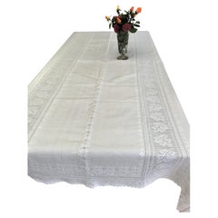 Natural-colored linen tablecloth hand-embroidered 