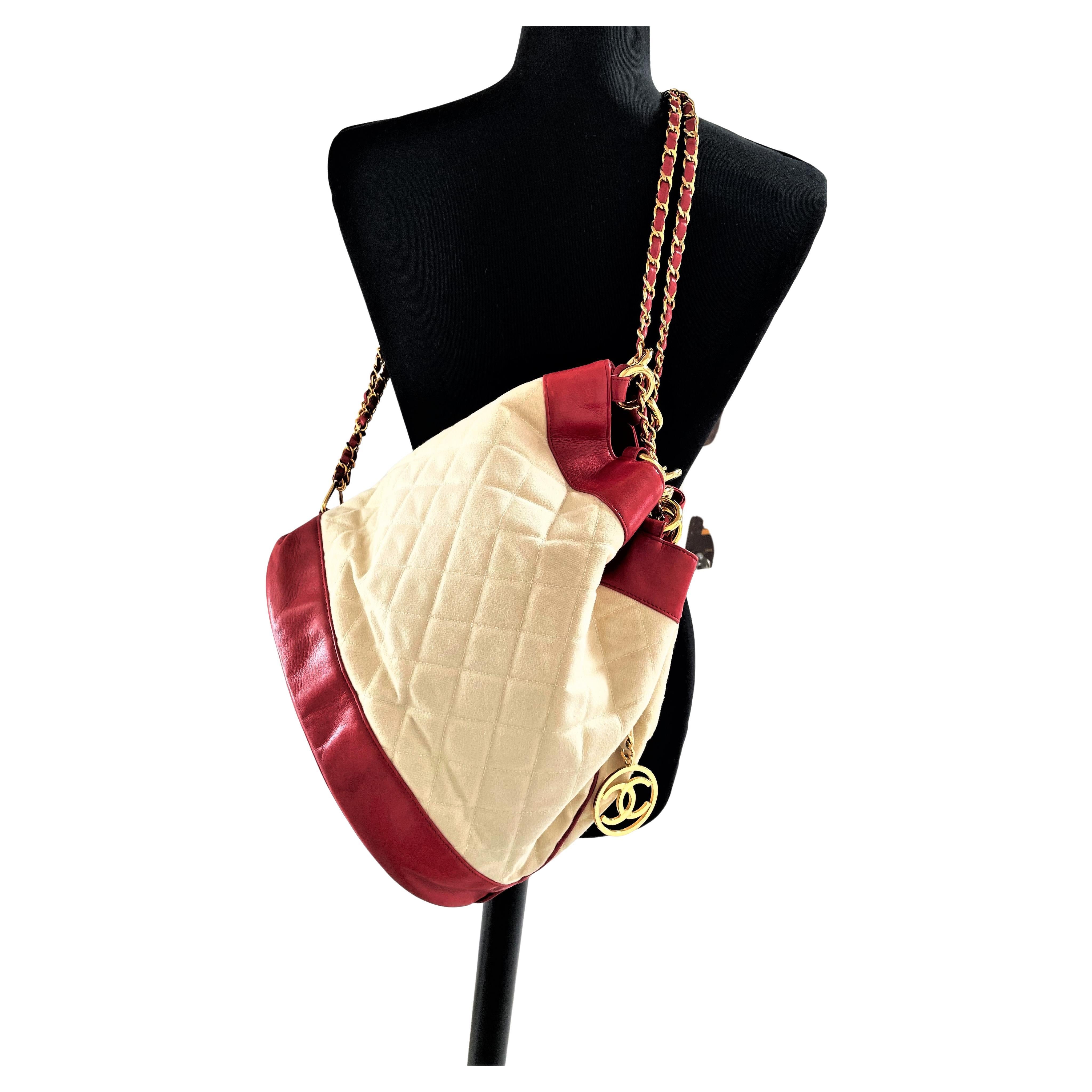 Chanel 1990 red lambskin and canvas crossbody bag, iconic leather chain, France