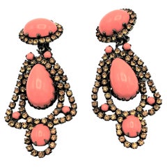 Vintage early K.J.L. dangling clip-on earring, coral cabochon and strass, 1960s
