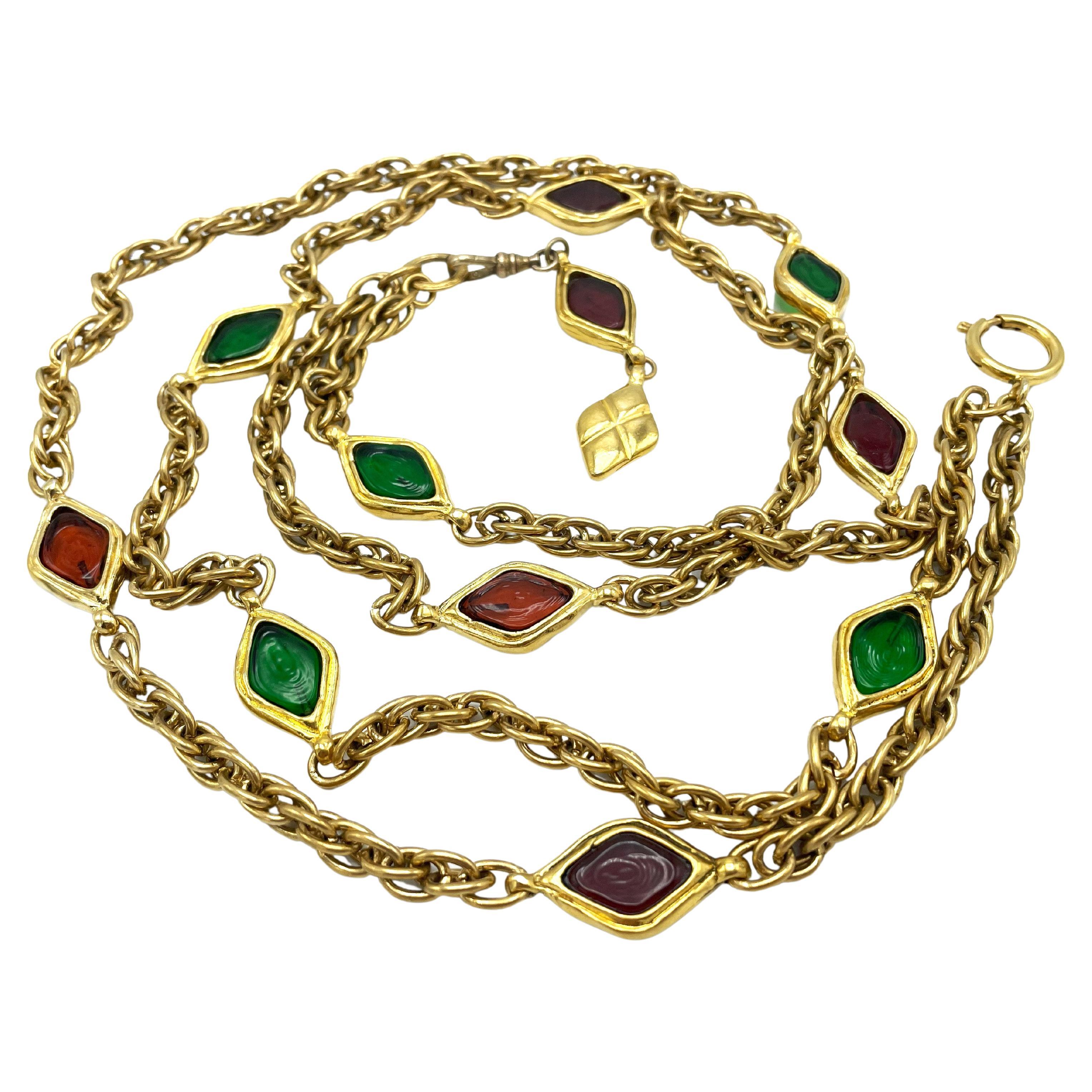  2 row Chanel necklace with red and green pate the verre, gold plated, 1970/80's For Sale