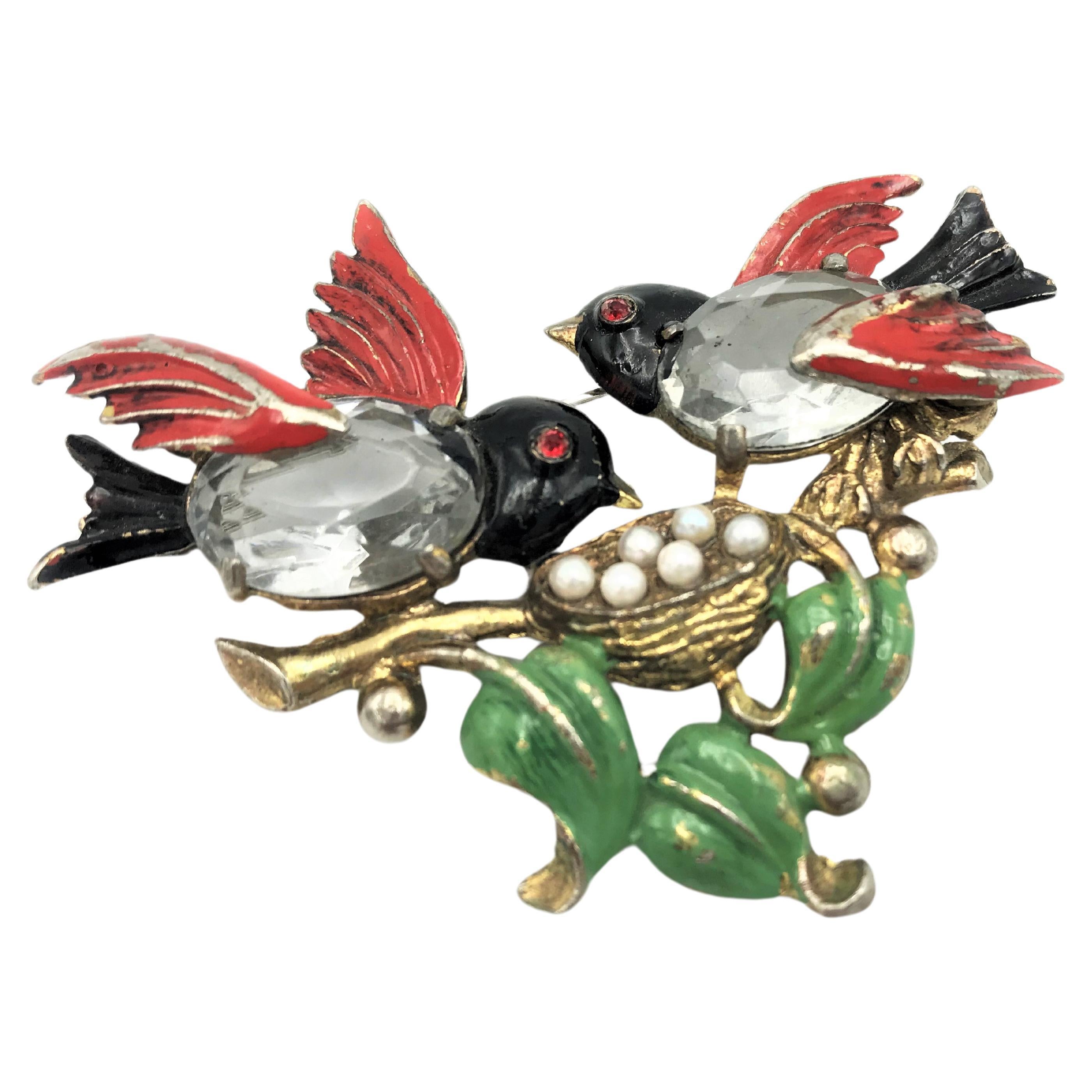 Bird on a nest of eggs brooch by Fred Gray Corp, 1930-1040's, designer for Coro For Sale
