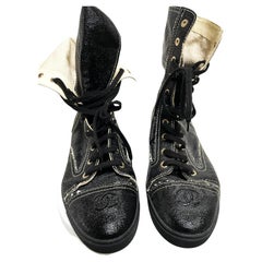 Antique CHANEL SHORT BOOTS, black, glossy coated fabrikc,  size 42, Made in France
