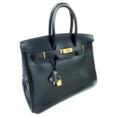 HERÉS BIRKIN BAG 35 cm , Box calf leather black, B in Quadrat - 1998 Kollection
