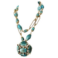 CHANEL SET NECKLACE AND BROOCH turquoise stones with rhinstone signed 94 P-1994