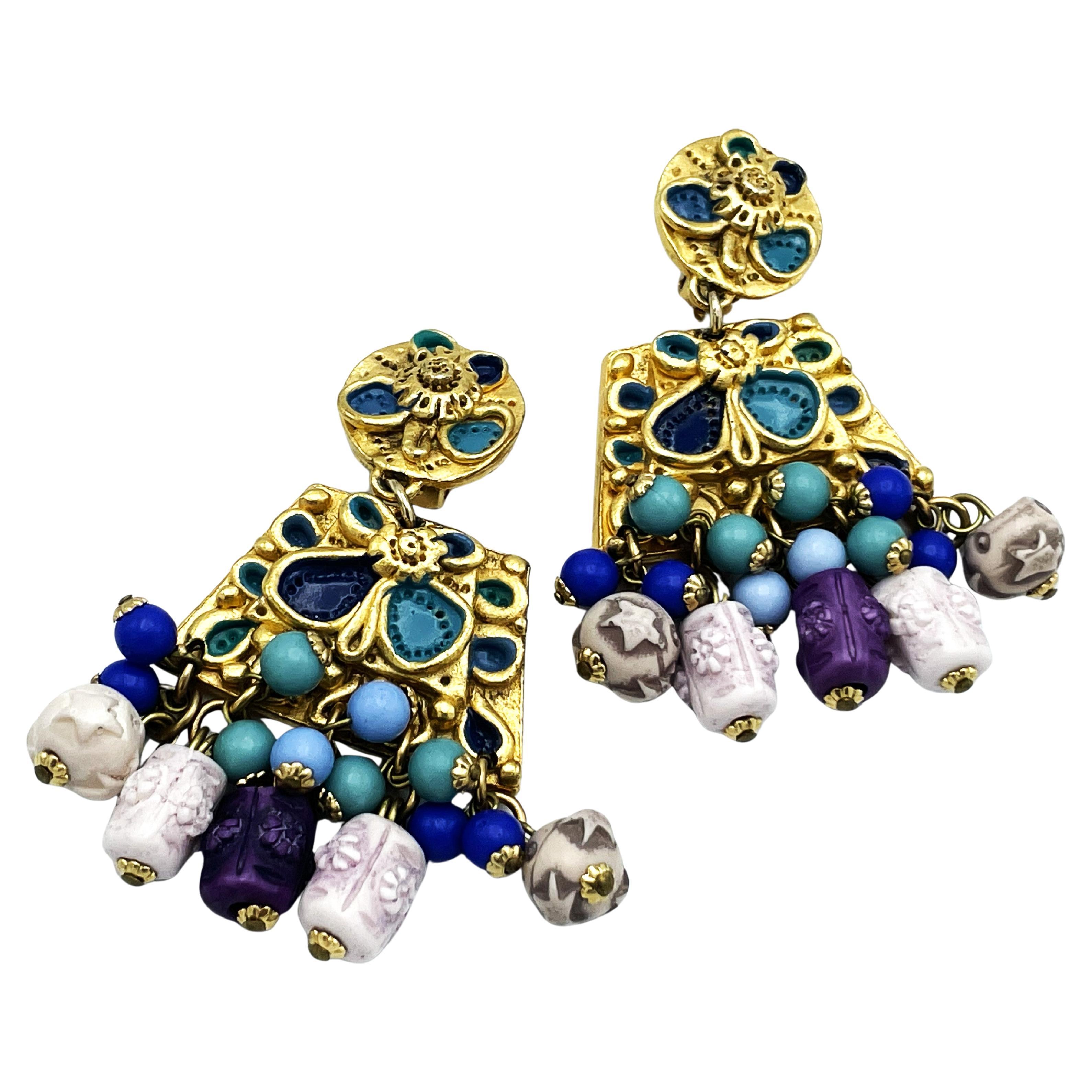 Clip-on earring from Jacky De G Paris, dangle, enamelled, gold plated, 1990s For Sale