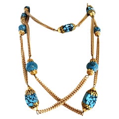 Long NECKLACE/SAUTOIRE by CHANE, signed 1990s with turquoise glass stones, 150cm