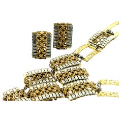 Miriam-Haskell-Set, lange Halskette und Ohrclips, vergoldet, 1950er Jahre, USA