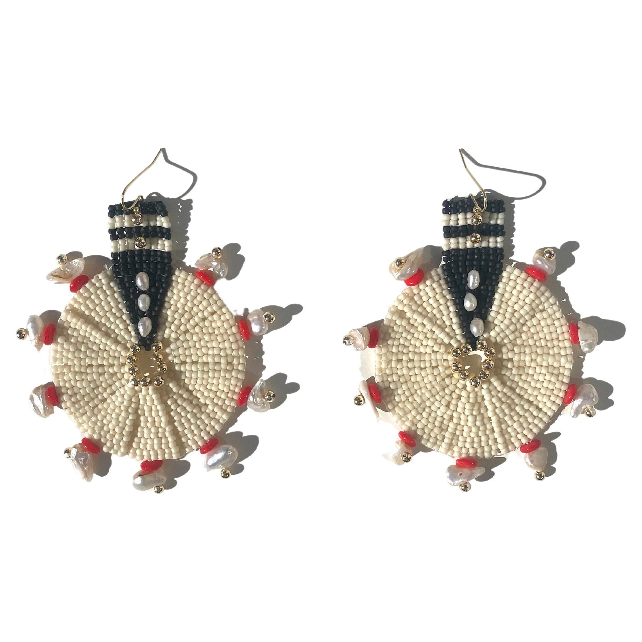 Handwoven Japanese ivory/black seed Bead Fatima Earring by Madre Hija Design For Sale