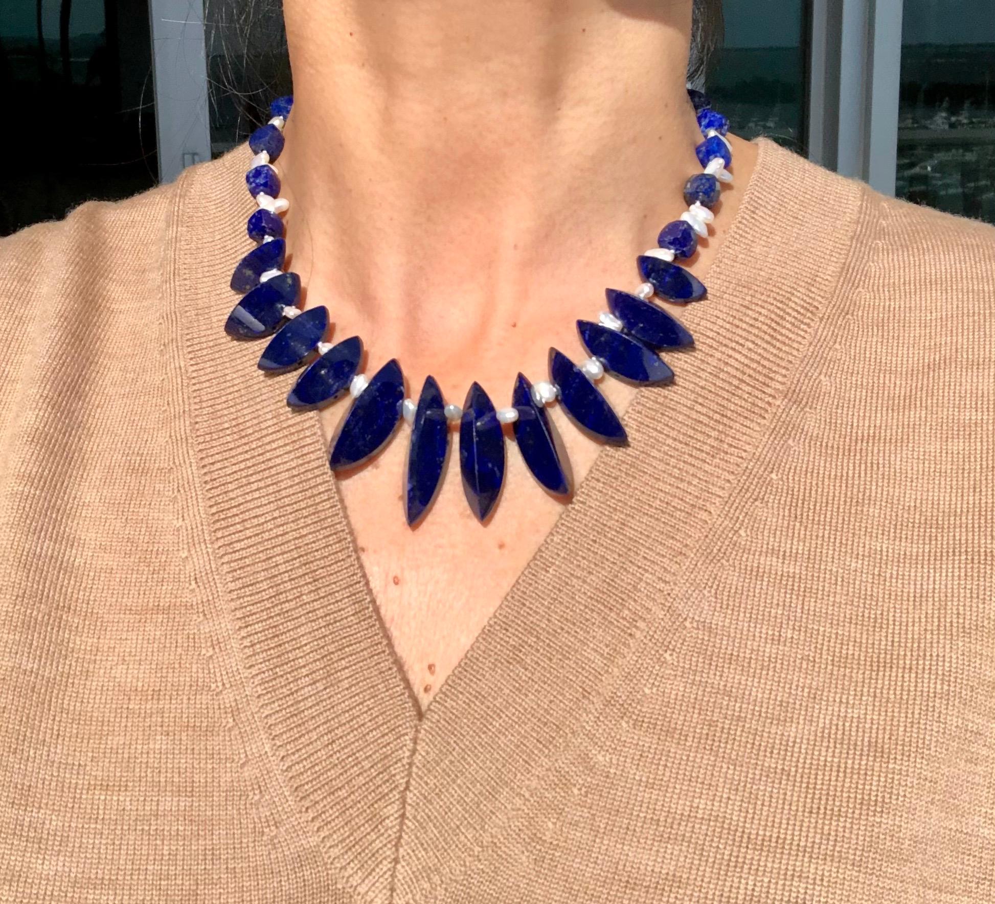 A.Jeschel Unusually cut Lapis beads are strung in a flattering necklace. For Sale 6