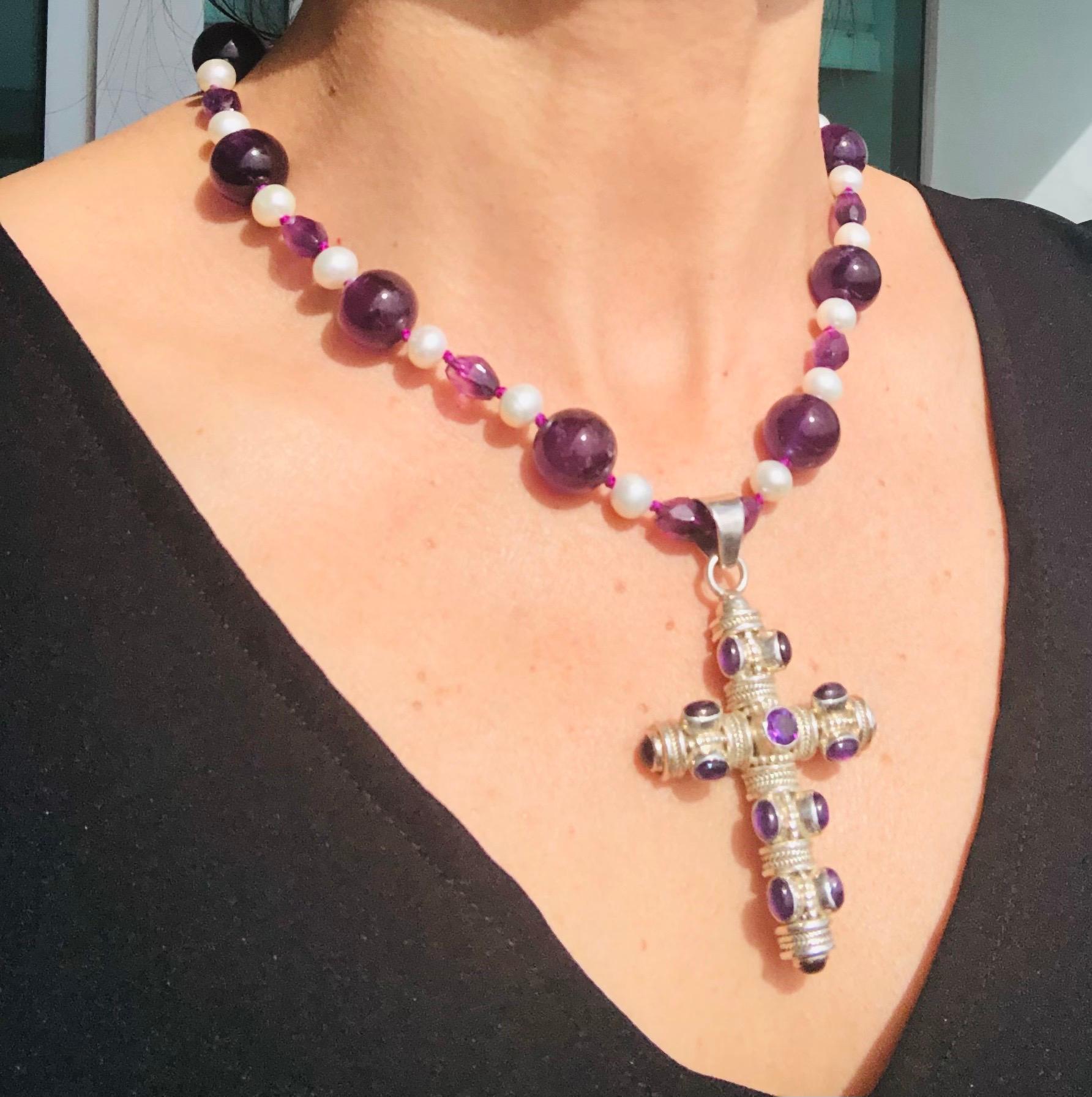 Mixed Cut A.Jeschel Cabochon Amethyst and Sterling Silver Cross Pendant Necklace. For Sale