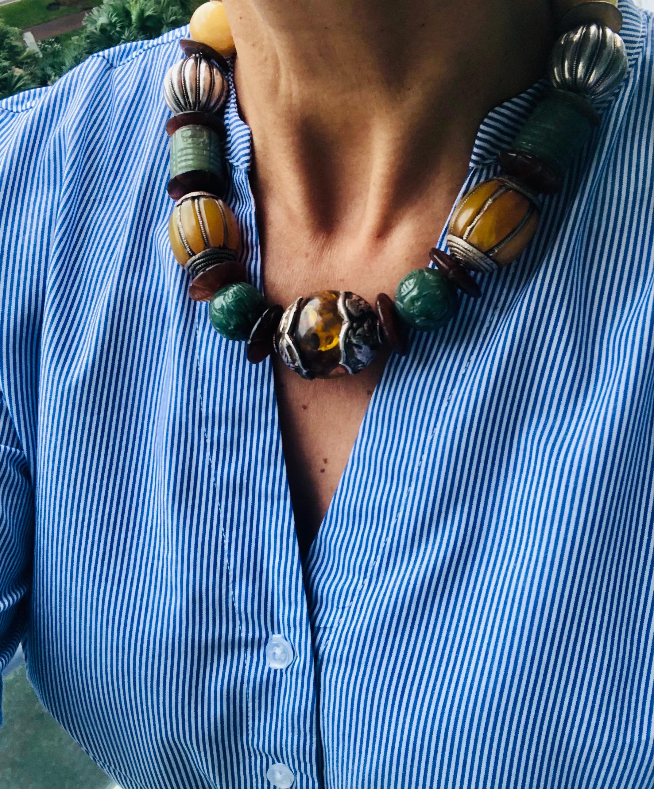 Mixed Cut A.Jeschel Bold Amber and carved Jade necklace.
