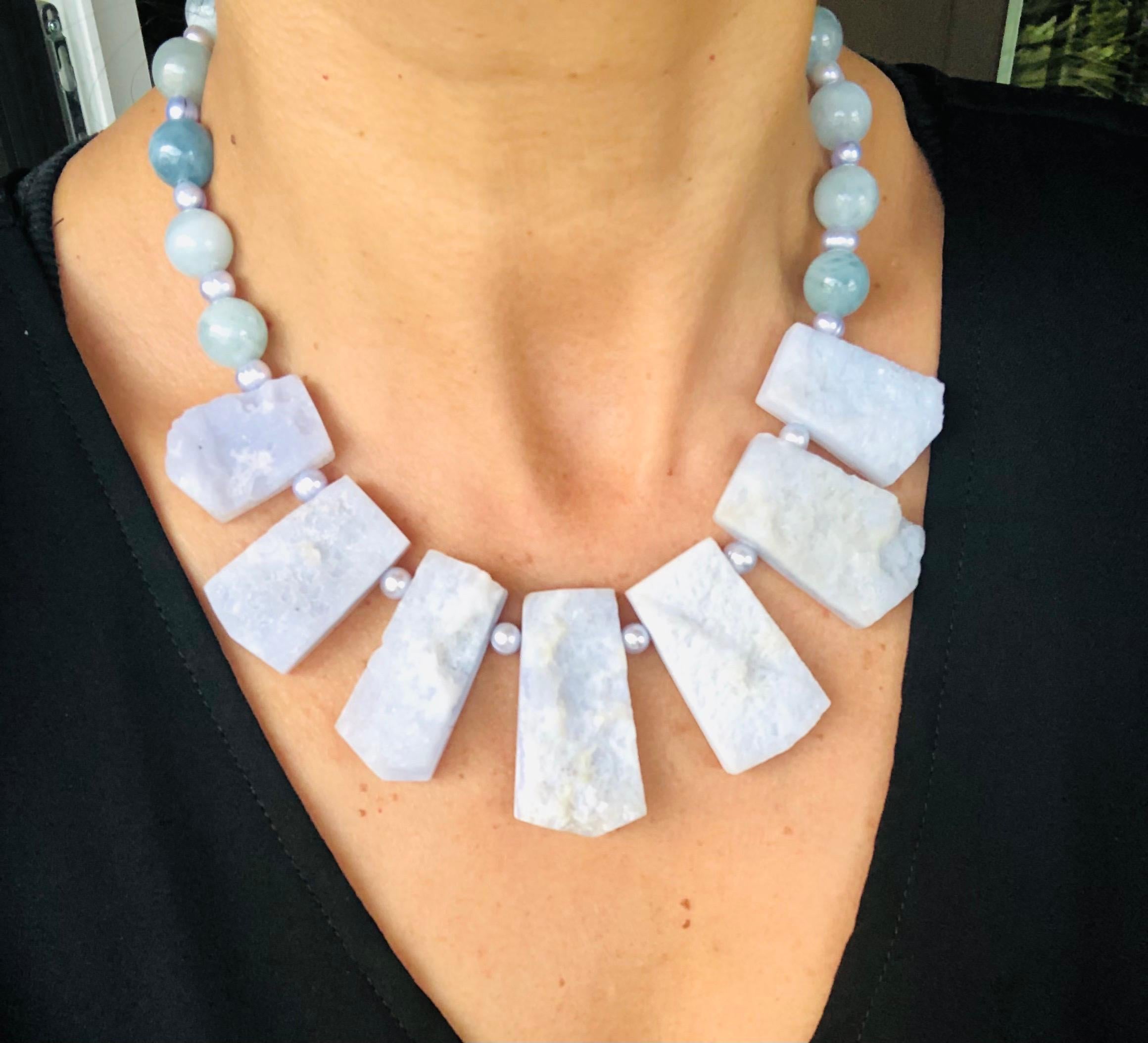 A.Jeschel Rough Cut Aquamarine and freshawater Pearl Necklace. For Sale 17