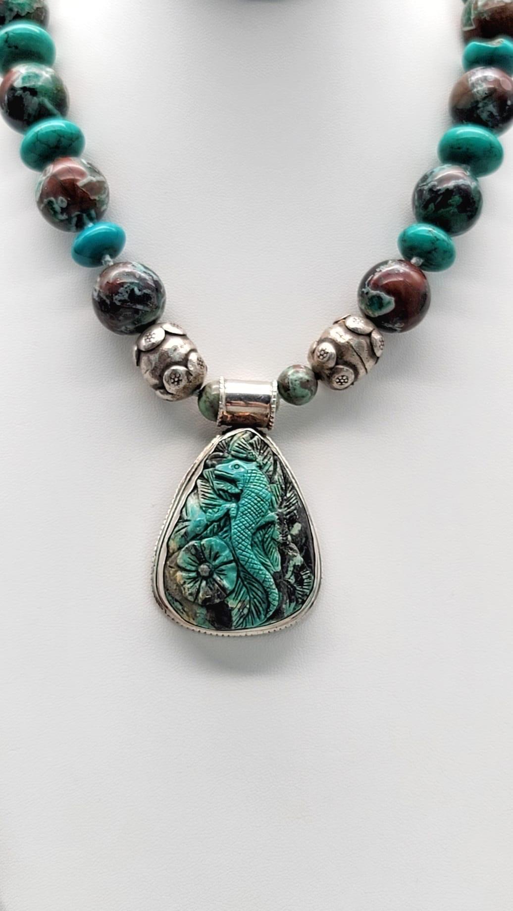 A.Jeschel  Turquoise Necklace Carved lizard pendant  3