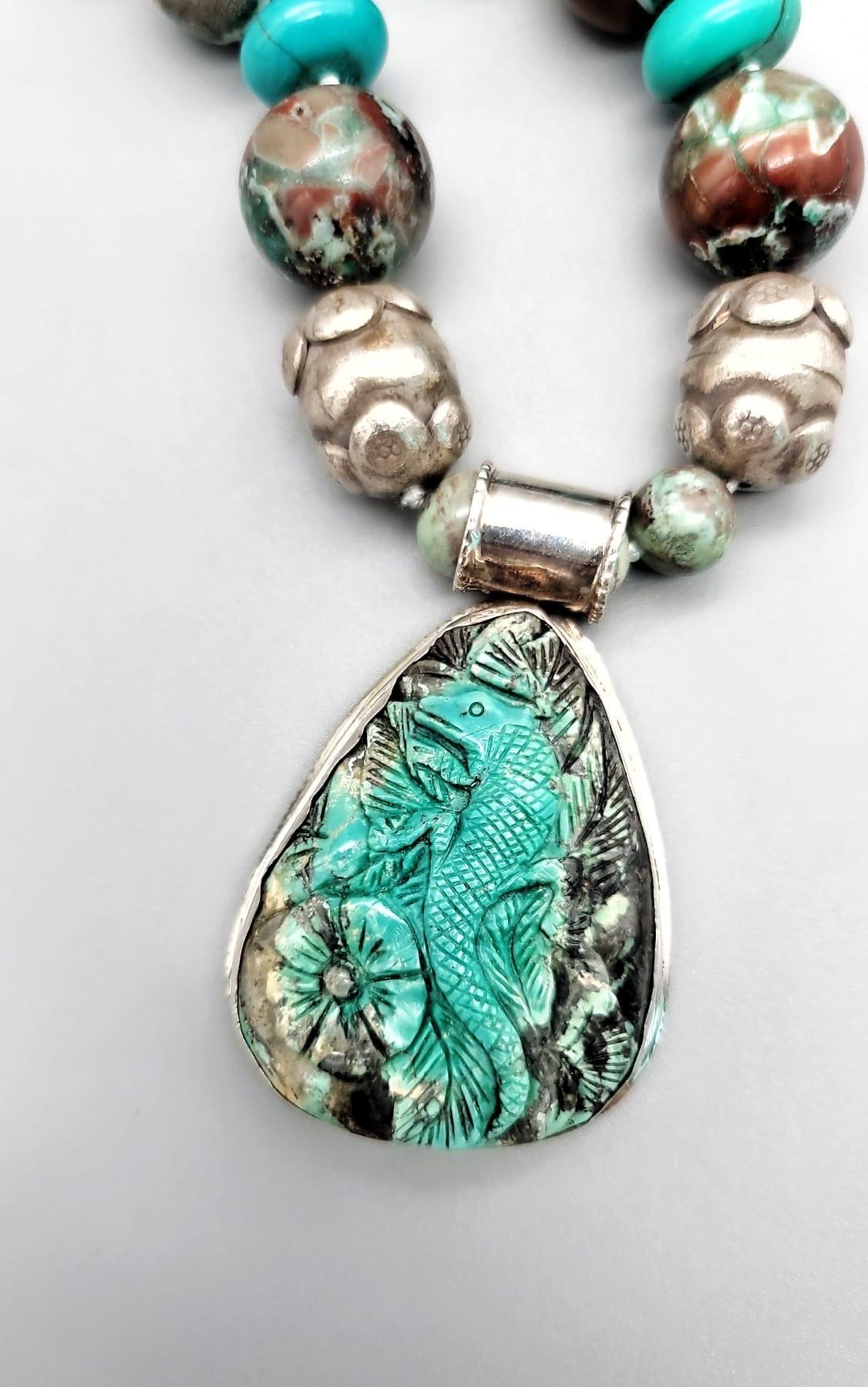 A.Jeschel  Turquoise Necklace Carved lizard pendant  7