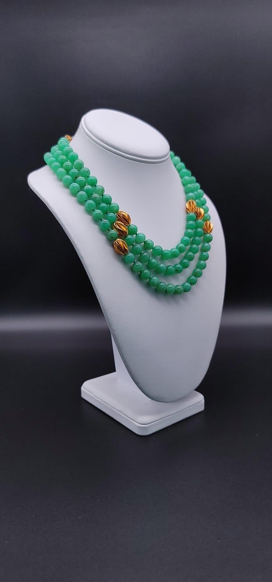One-of-a-Kind

There is chrysoprase jewelry and then there is a fine quality, richly colored, matched 3 strand version of this lovely bright green stone.
3 strands of 8m.m Chrysoprase beads are nested inside each other. Interrupted by interesting