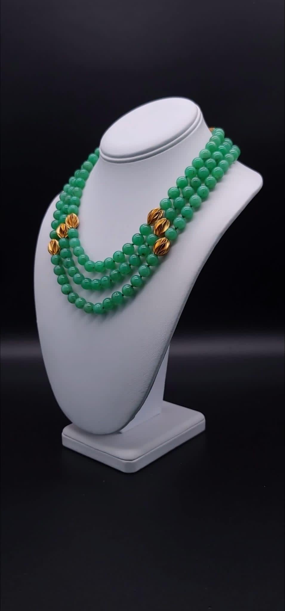 A.Jeschel 3 strand superb bright green Chrysoprase necklace 3