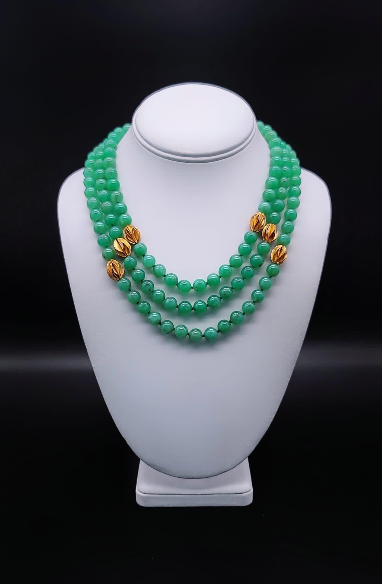 Bead A.Jeschel 3 strand superb bright green Chrysoprase necklace