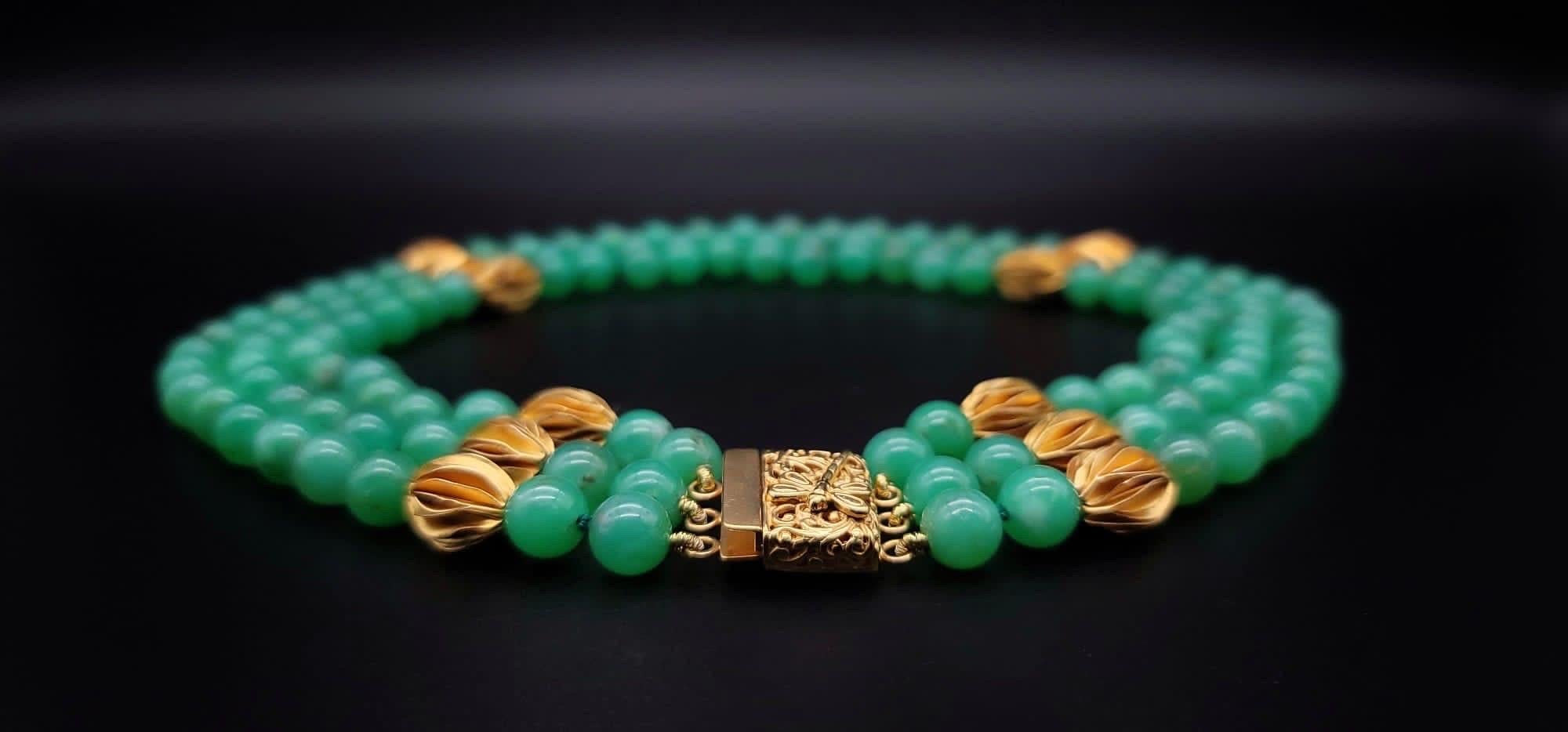 A.Jeschel 3 strand superb bright green Chrysoprase necklace 6