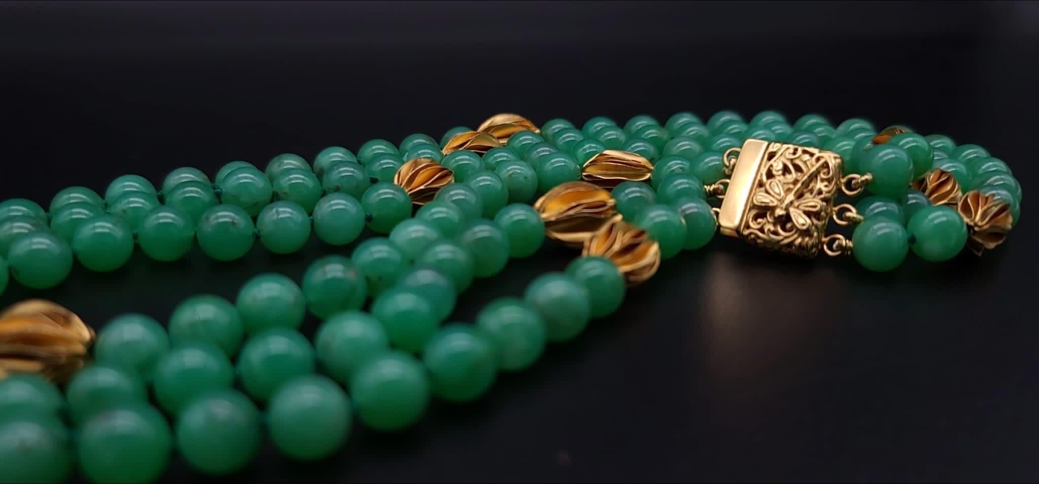 A.Jeschel 3 strand superb bright green Chrysoprase necklace 5