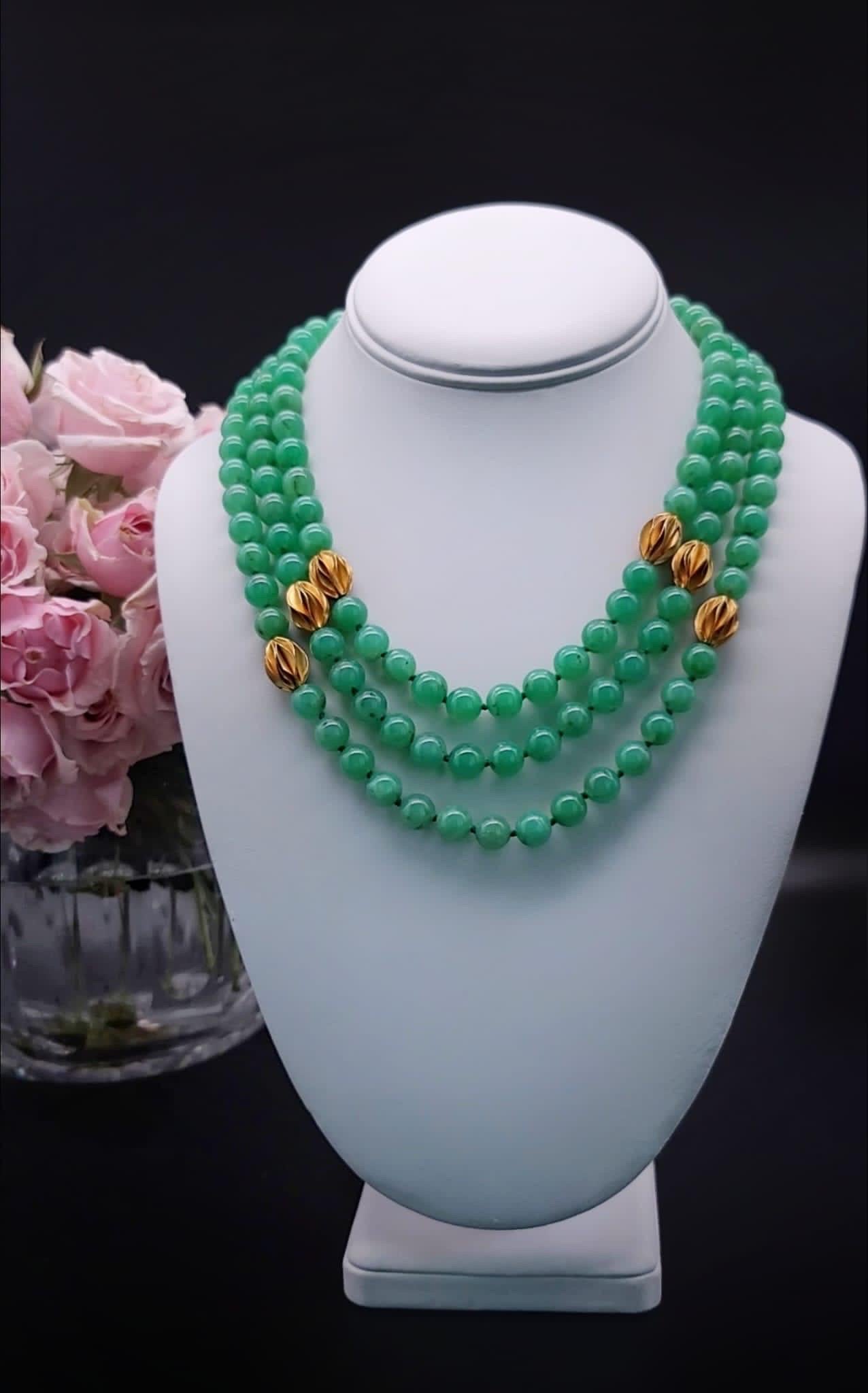 A.Jeschel 3 strand superb bright green Chrysoprase necklace 4