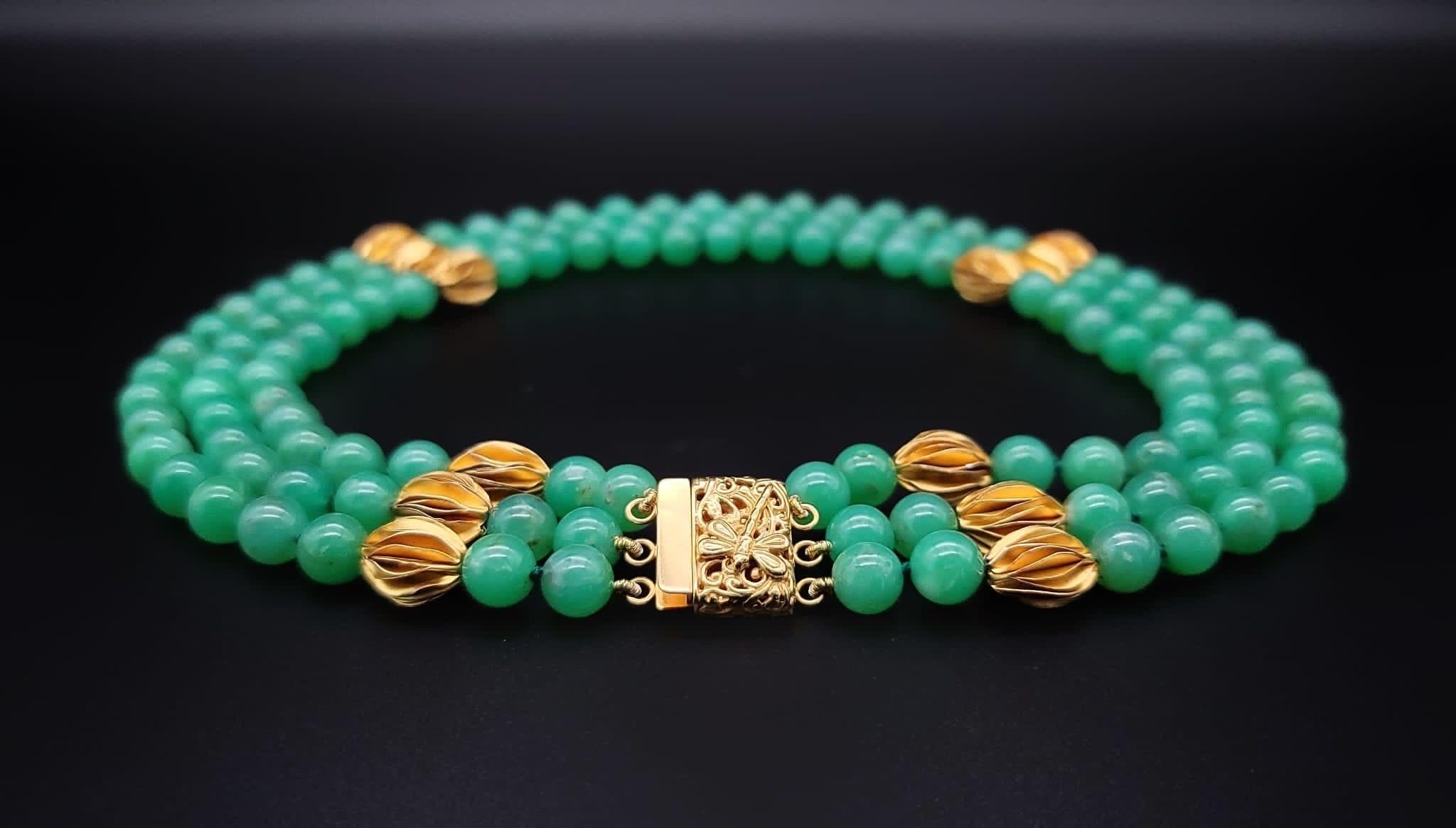 A.Jeschel 3 strand superb bright green Chrysoprase necklace 9