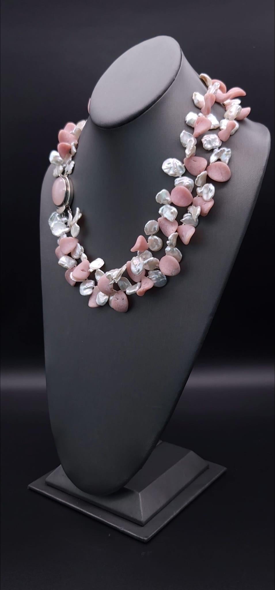 Mixed Cut A.Jeschel 2 strand Pink Opal and Pearl necklace. For Sale