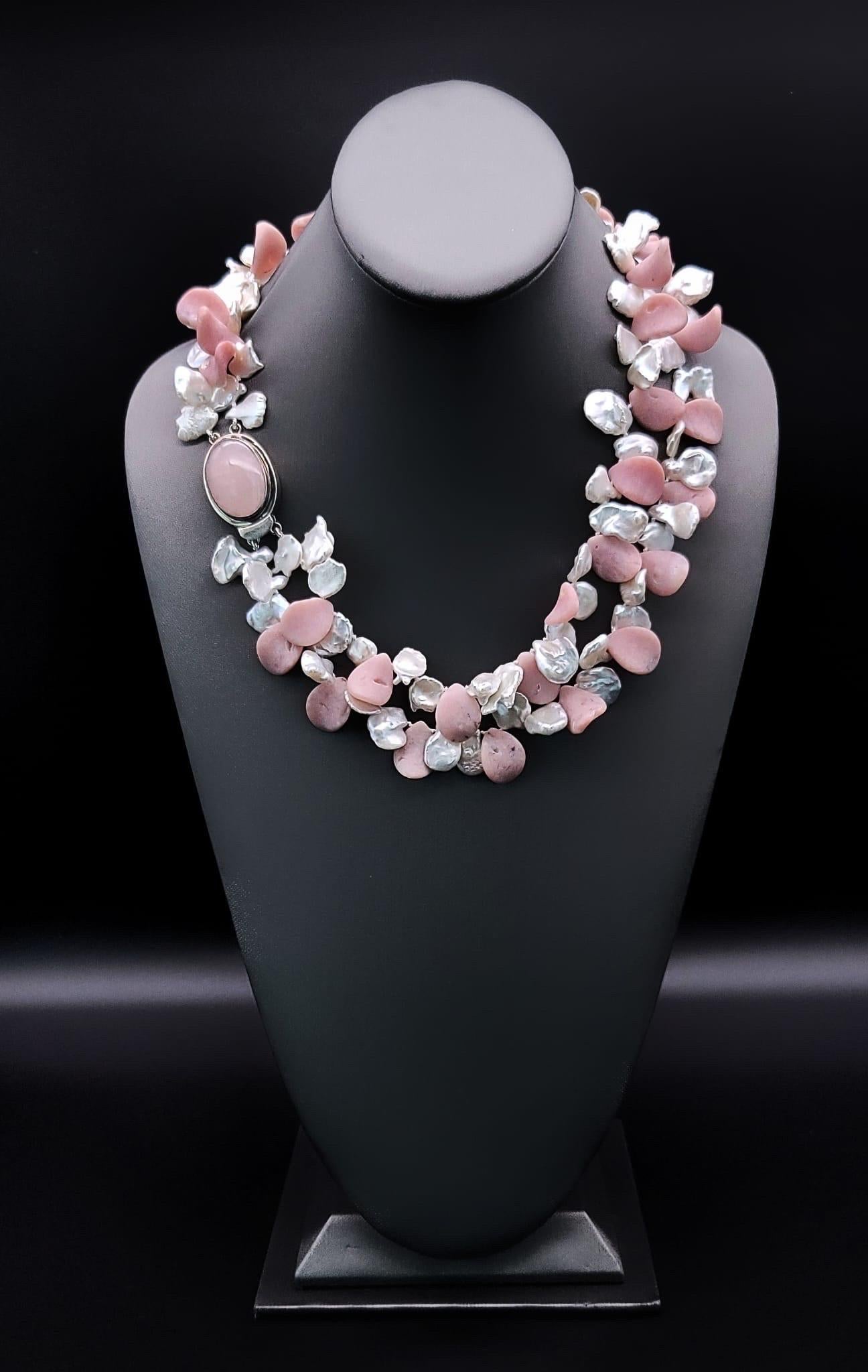 A.Jeschel 2 strand Pink Opal and Pearl necklace. In New Condition For Sale In Miami, FL