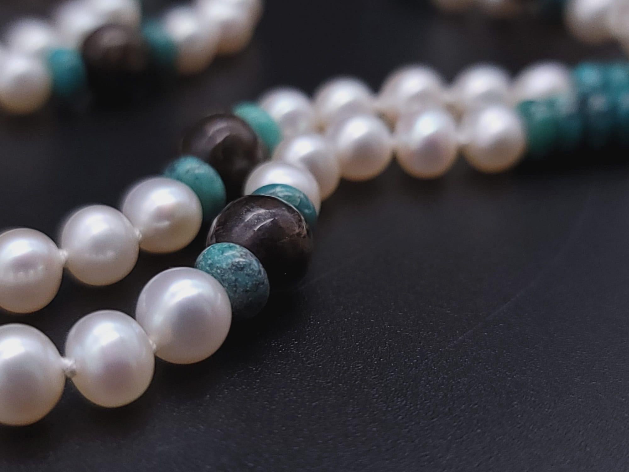 A.Jeschel Sophisticated long freswater Pearl necklace with Turquoise pendant. For Sale 1