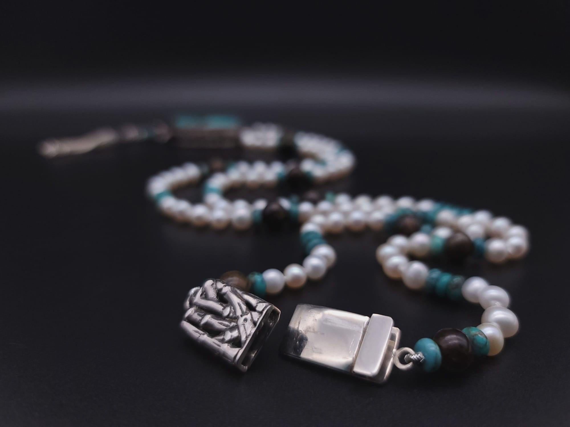 A.Jeschel Sophisticated long freswater Pearl necklace with Turquoise pendant. For Sale 3