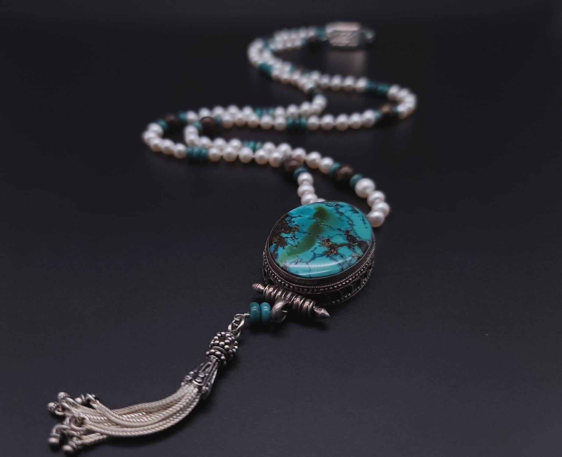 A.Jeschel Sophisticated long freswater Pearl necklace with Turquoise pendant. For Sale 6