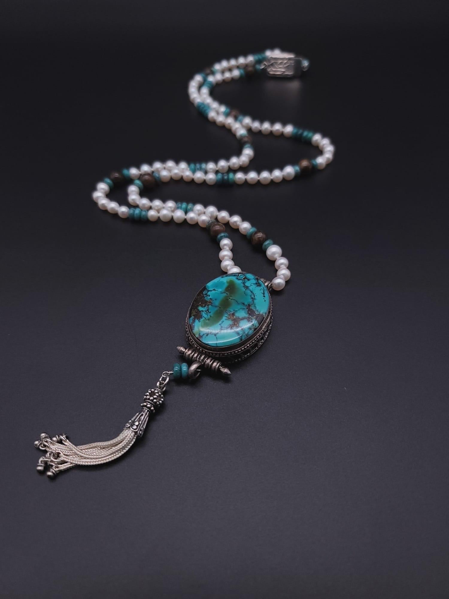 A.Jeschel Sophisticated long freswater Pearl necklace with Turquoise pendant. For Sale 7