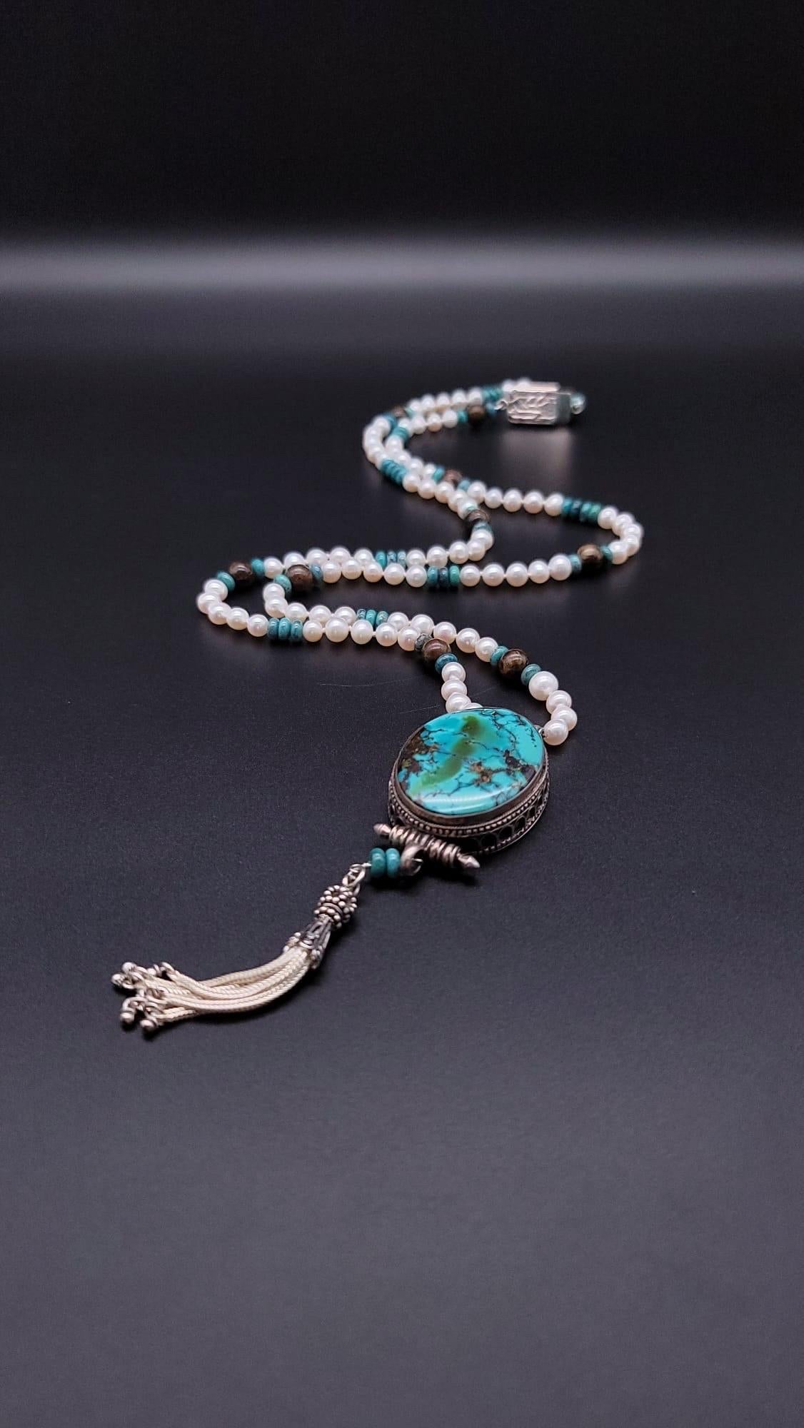 A.Jeschel Sophisticated long freswater Pearl necklace with Turquoise pendant. For Sale 8