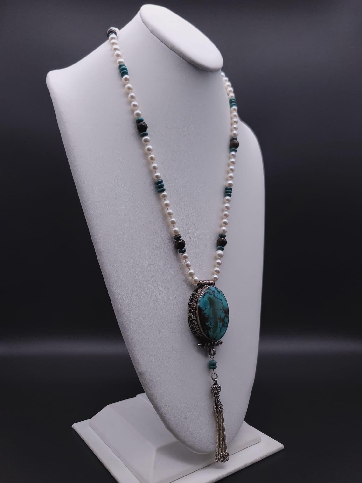 A.Jeschel Sophisticated long freswater Pearl necklace with Turquoise pendant. For Sale 9
